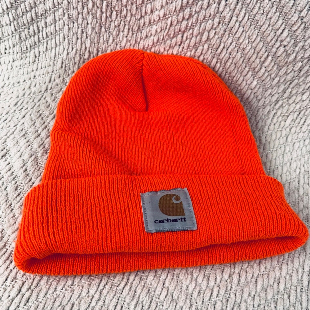 Carhartt Beanie Mens OS Orange Watch Hat Acrylic Knit Cuffed Logo Patch Workwear